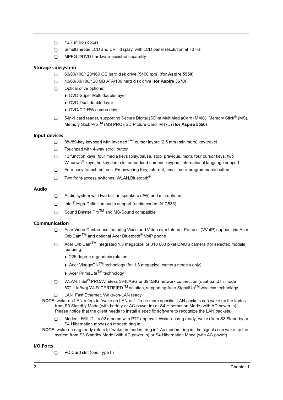 Acer 3670 manual Storage subsystem 