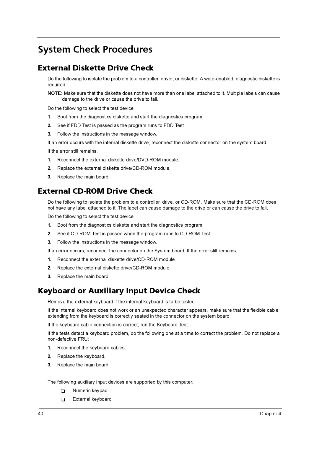 Acer 3670 manual System Check Procedures, External Diskette Drive Check, External CD-ROM Drive Check 