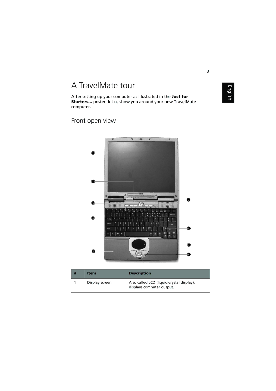 Acer 370 series manual TravelMate tour, Front open view, Description 