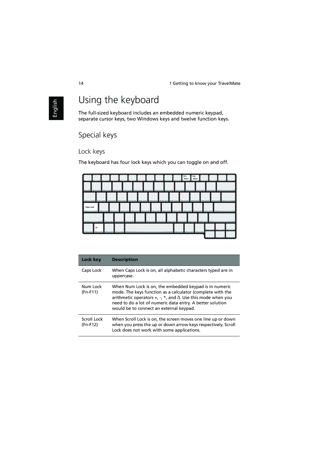 Acer 370 series manual Using the keyboard, Special keys, Lock keys, Lock key Description 