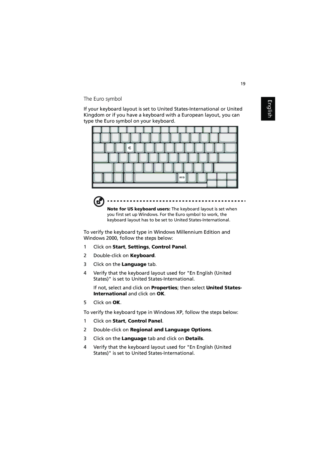 Acer 370 series manual Euro symbol, Click on Start, Settings, Control Panel 