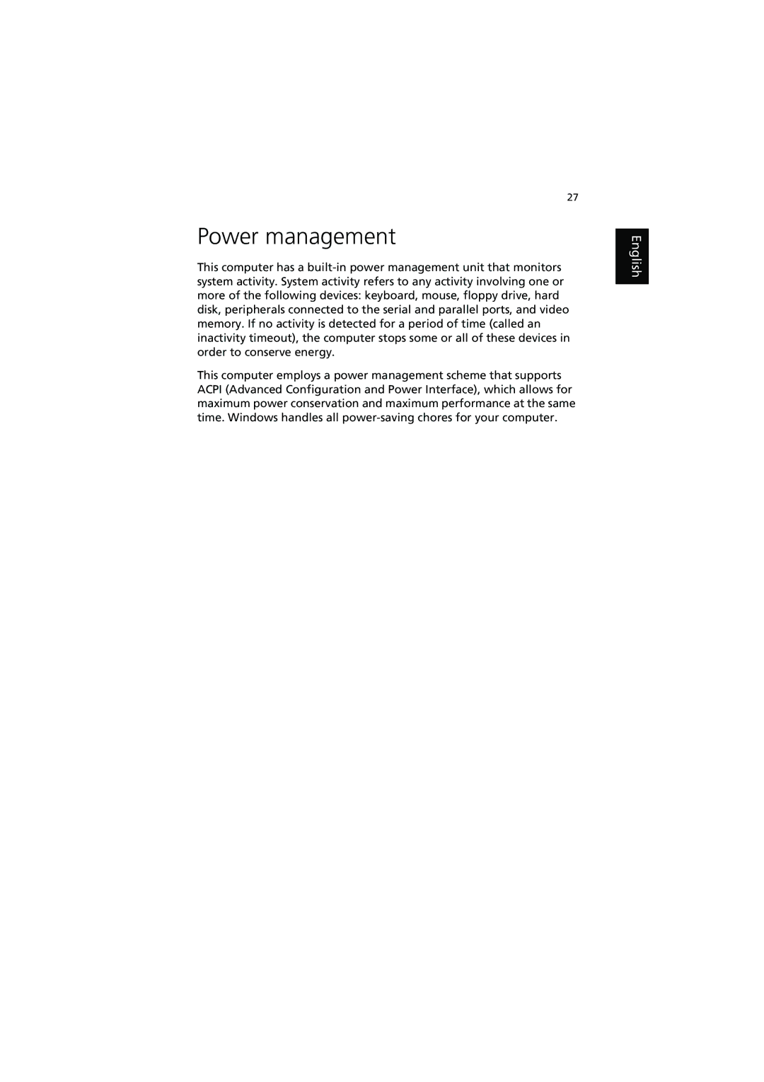 Acer 370 series manual Power management 