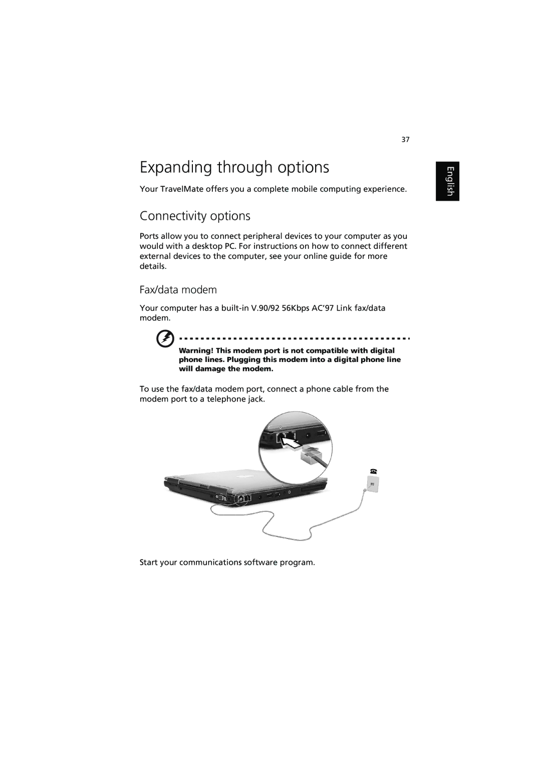 Acer 370 series manual Expanding through options, Connectivity options, Fax/data modem 