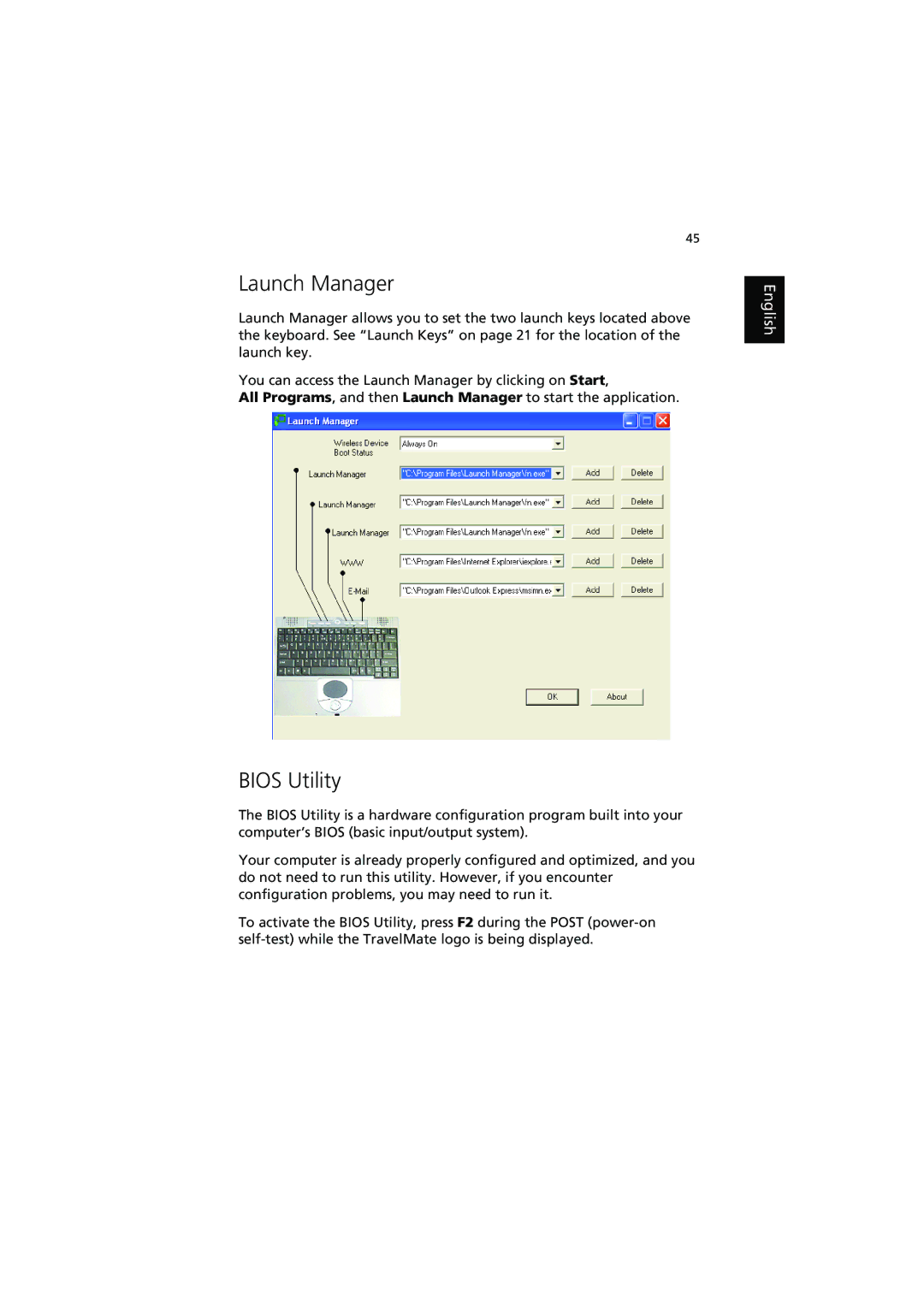 Acer 370 series manual Launch Manager, Bios Utility 