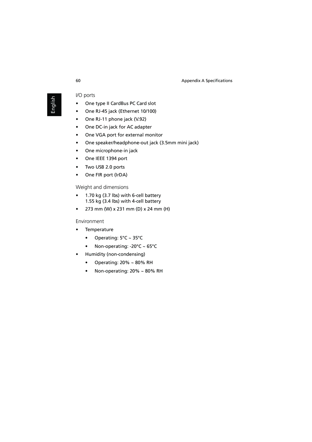 Acer 370 series manual Ports, Weight and dimensions, Environment 