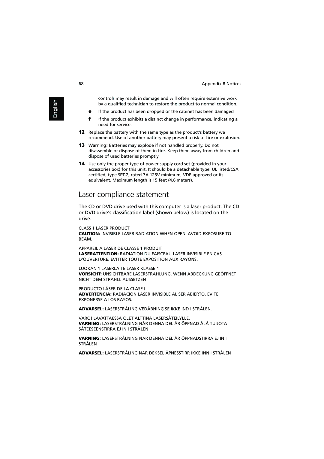 Acer 370 series manual Laser compliance statement 