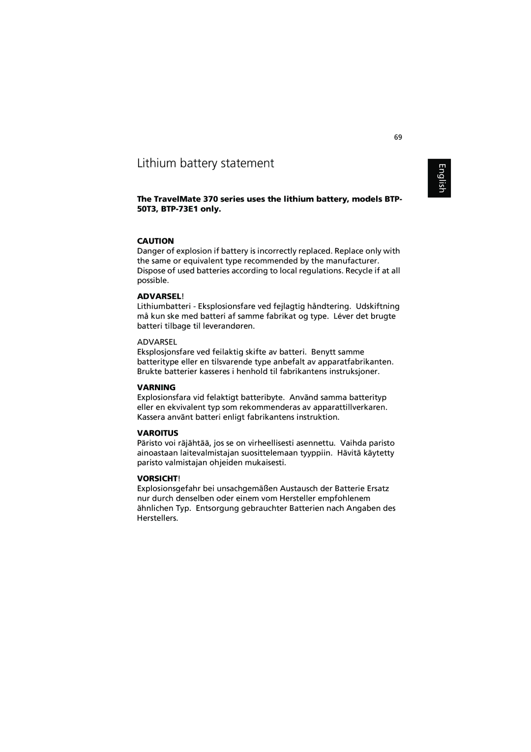 Acer 370 series manual Lithium battery statement, Varning 