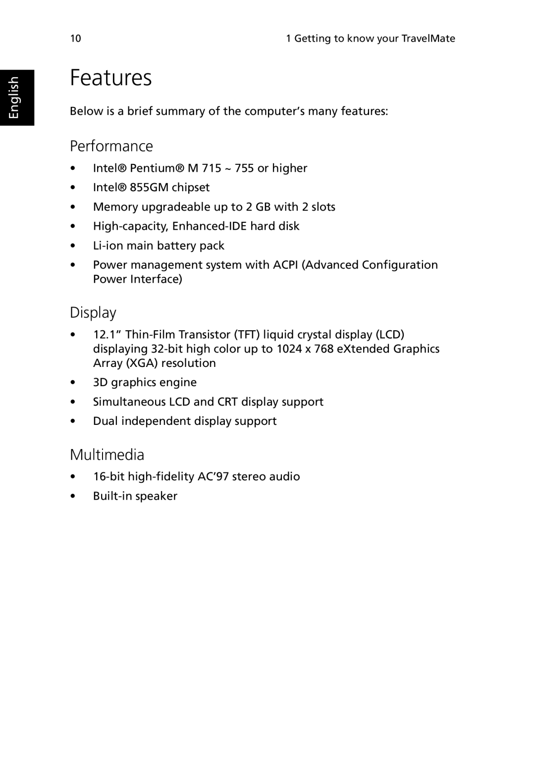 Acer 380 series manual Features, Performance, Display, Multimedia 