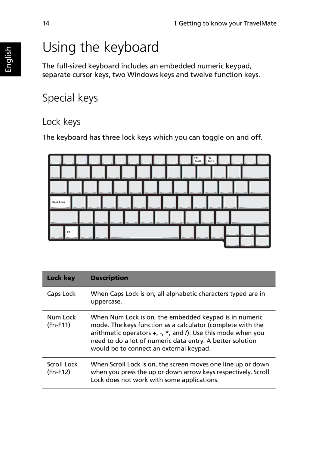 Acer 380 series manual Using the keyboard, Special keys, Lock keys, Lock key Description 