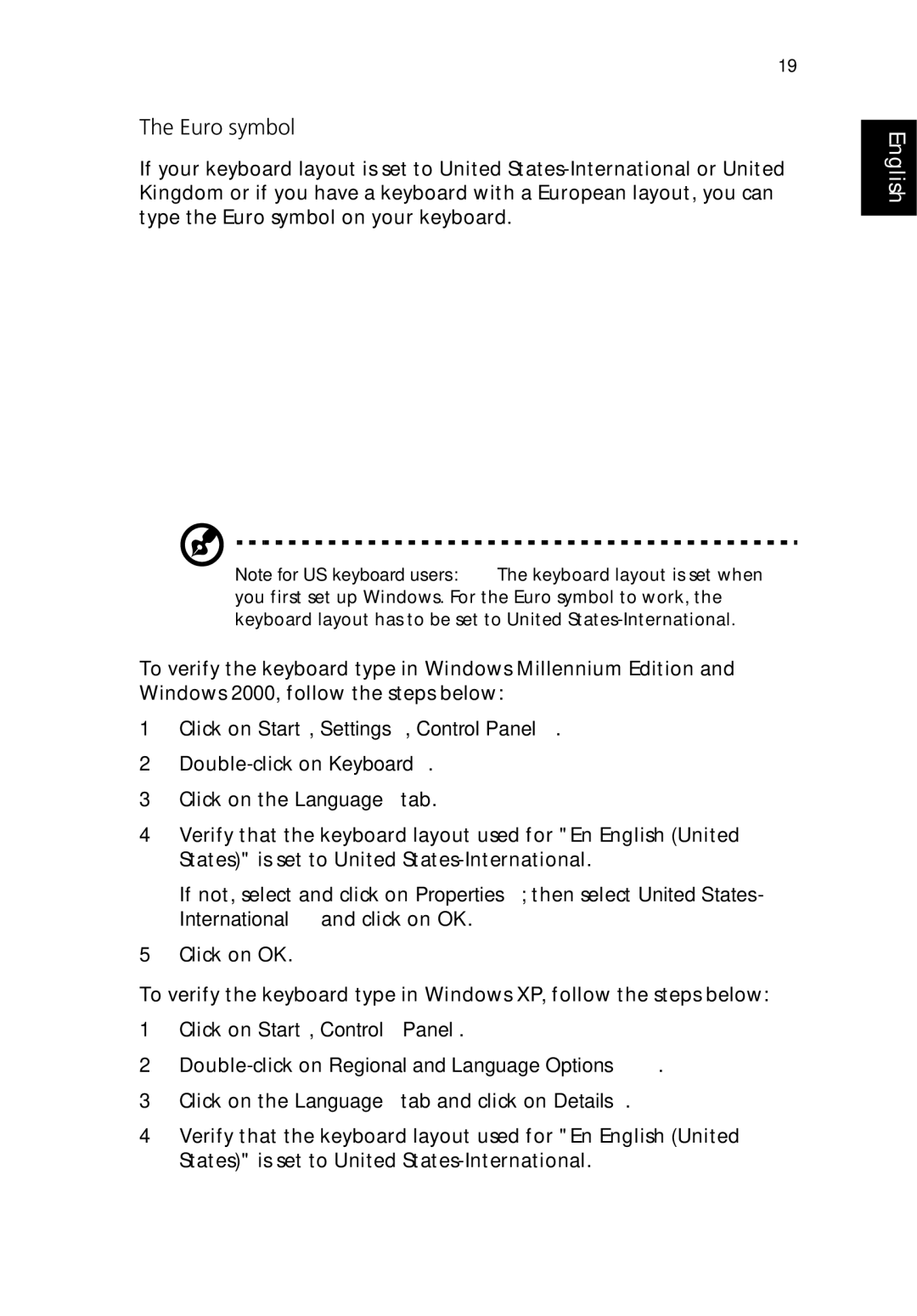 Acer 380 series manual Euro symbol, Click on Start, Settings, Control Panel 