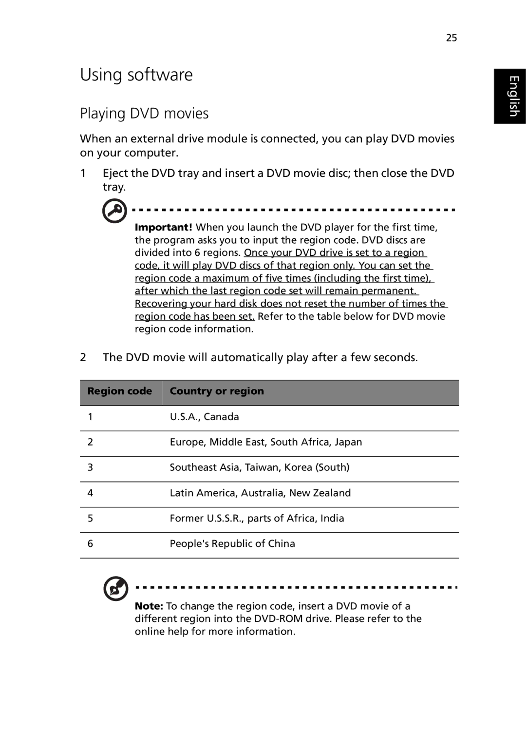 Acer 380 series manual Using software, Playing DVD movies, Region code Country or region 