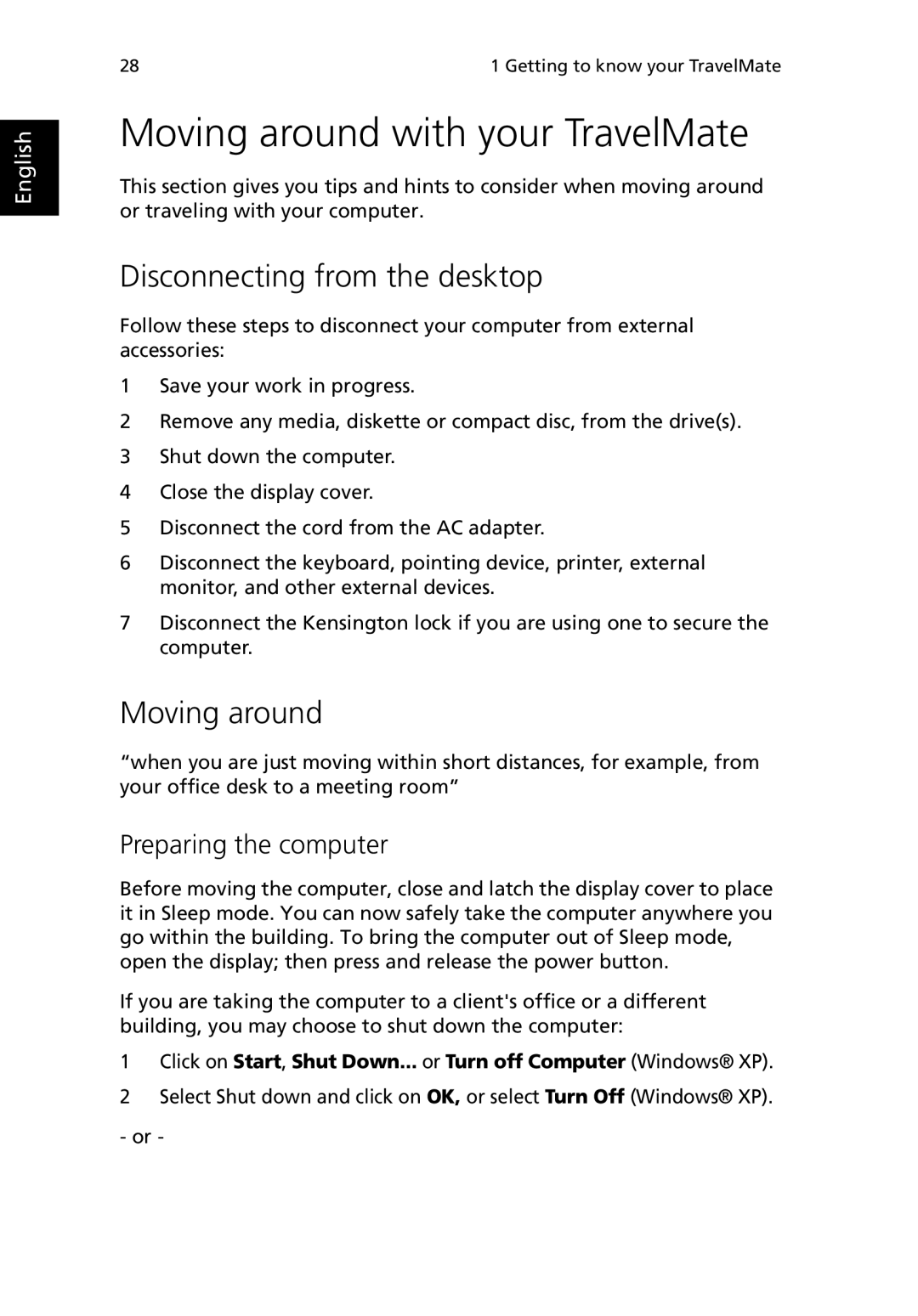 Acer 380 series manual Moving around with your TravelMate, Disconnecting from the desktop, Preparing the computer 