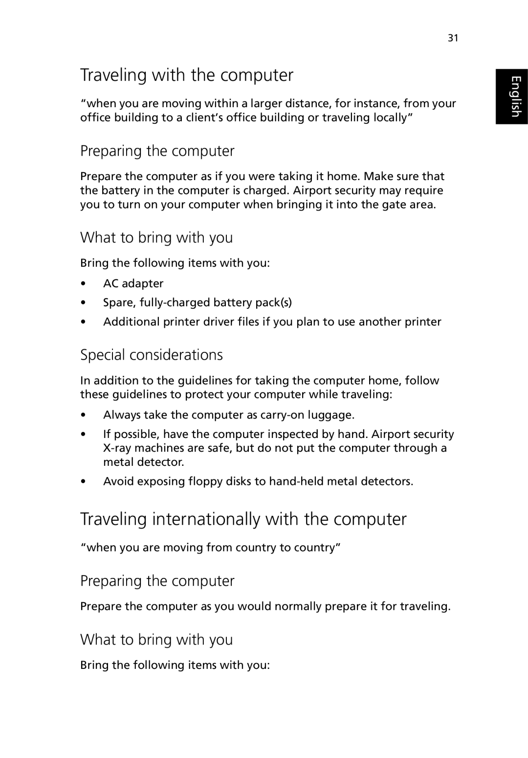 Acer 380 series manual Traveling with the computer, Traveling internationally with the computer 