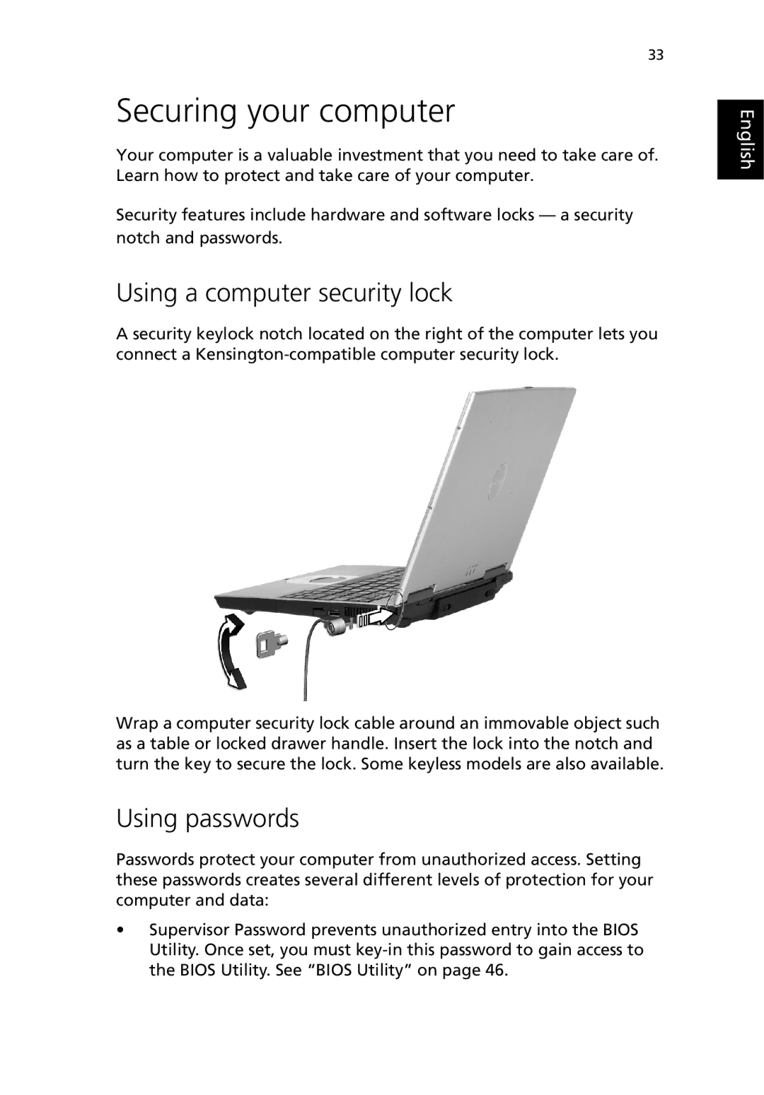 Acer 380 series manual Securing your computer, Using a computer security lock, Using passwords 