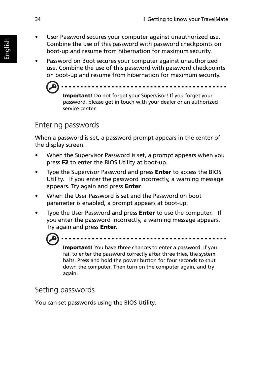 Acer 380 series manual Entering passwords, Setting passwords 