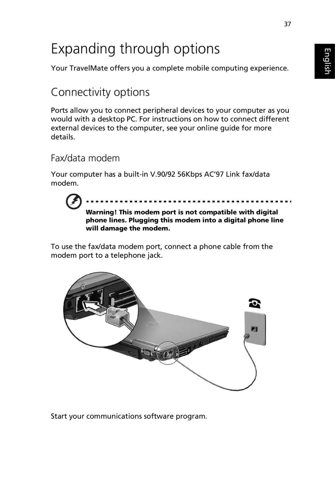 Acer 380 series manual Expanding through options, Connectivity options, Fax/data modem 