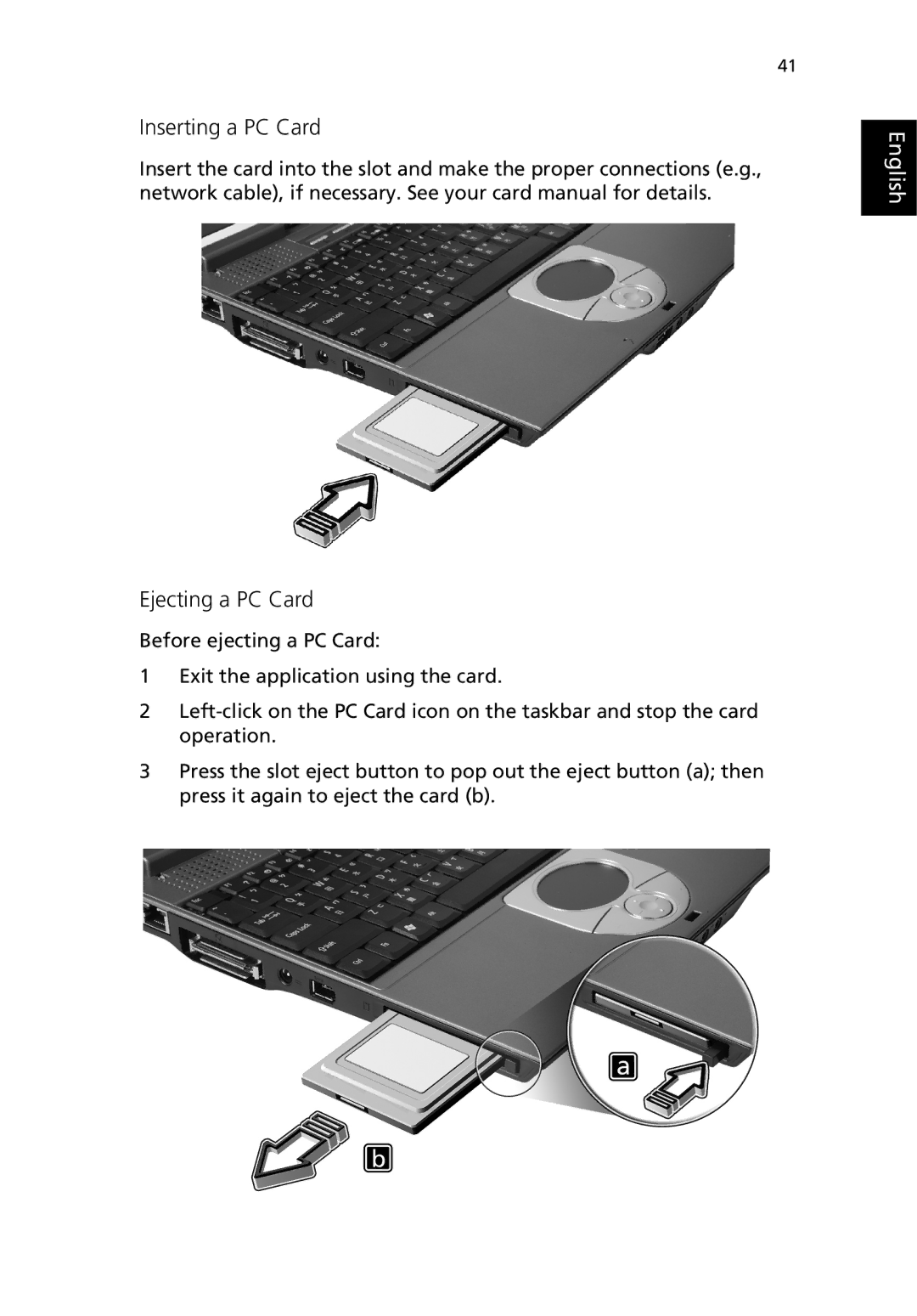 Acer 380 series manual Inserting a PC Card, Ejecting a PC Card 