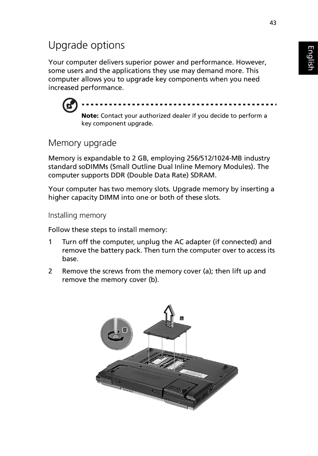 Acer 380 series manual Upgrade options, Memory upgrade, Installing memory 