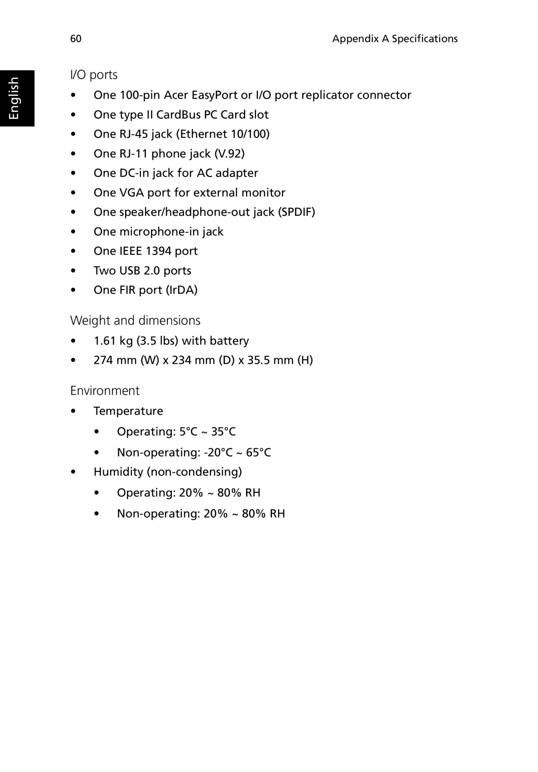 Acer 380 series manual Ports, Weight and dimensions, Environment 