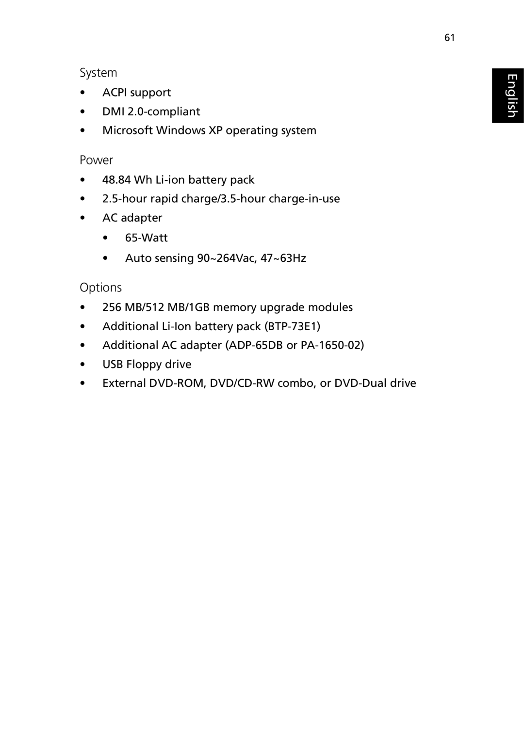 Acer 380 series manual System, Power, Options 