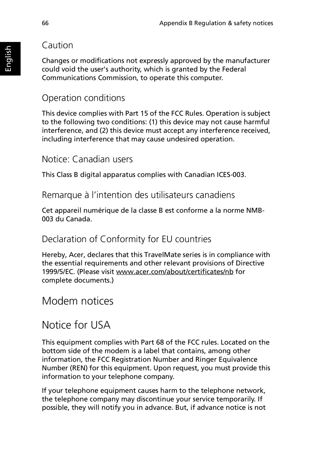 Acer 380 series manual Modem notices, Operation conditions, Remarque à l’intention des utilisateurs canadiens 