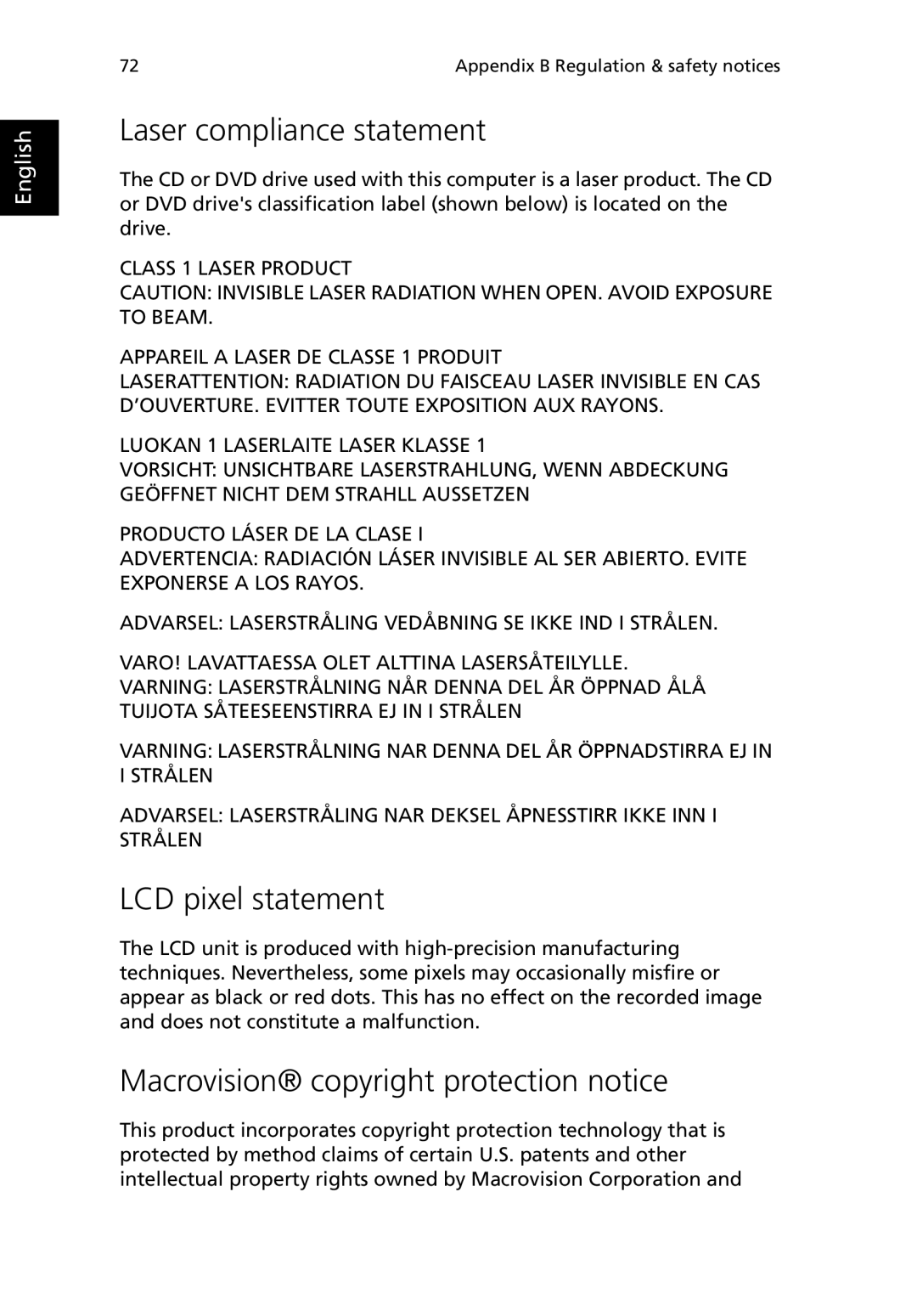 Acer 380 series manual Laser compliance statement, LCD pixel statement, Macrovision copyright protection notice 