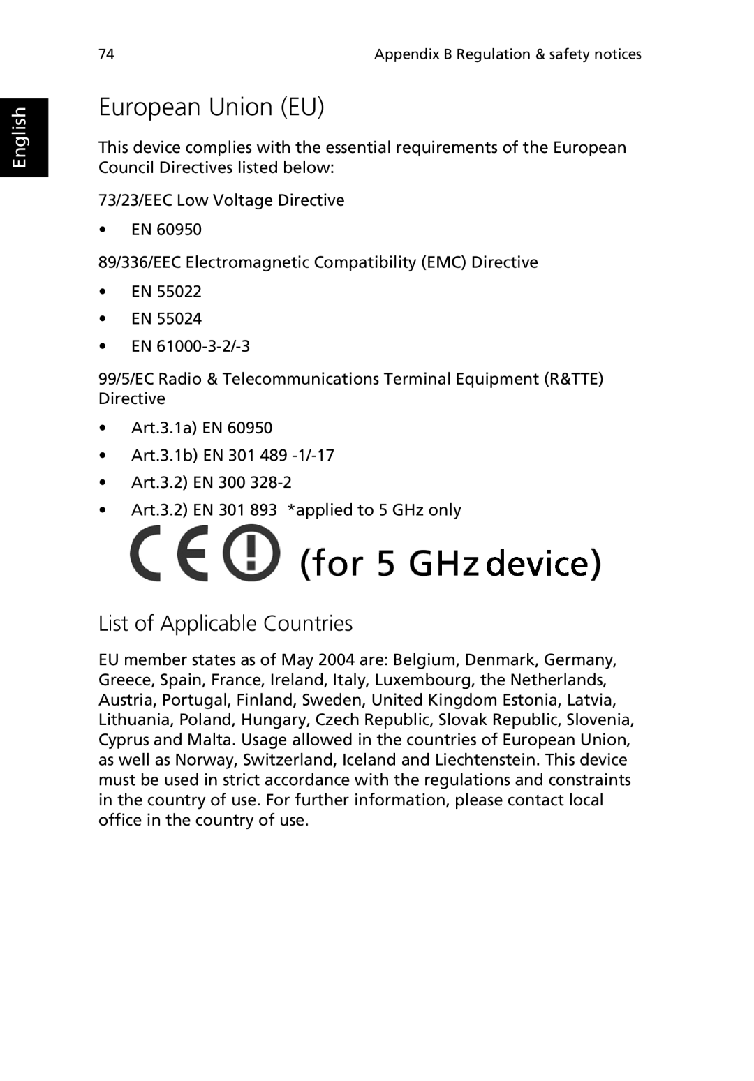 Acer 380 series manual European Union EU, List of Applicable Countries 