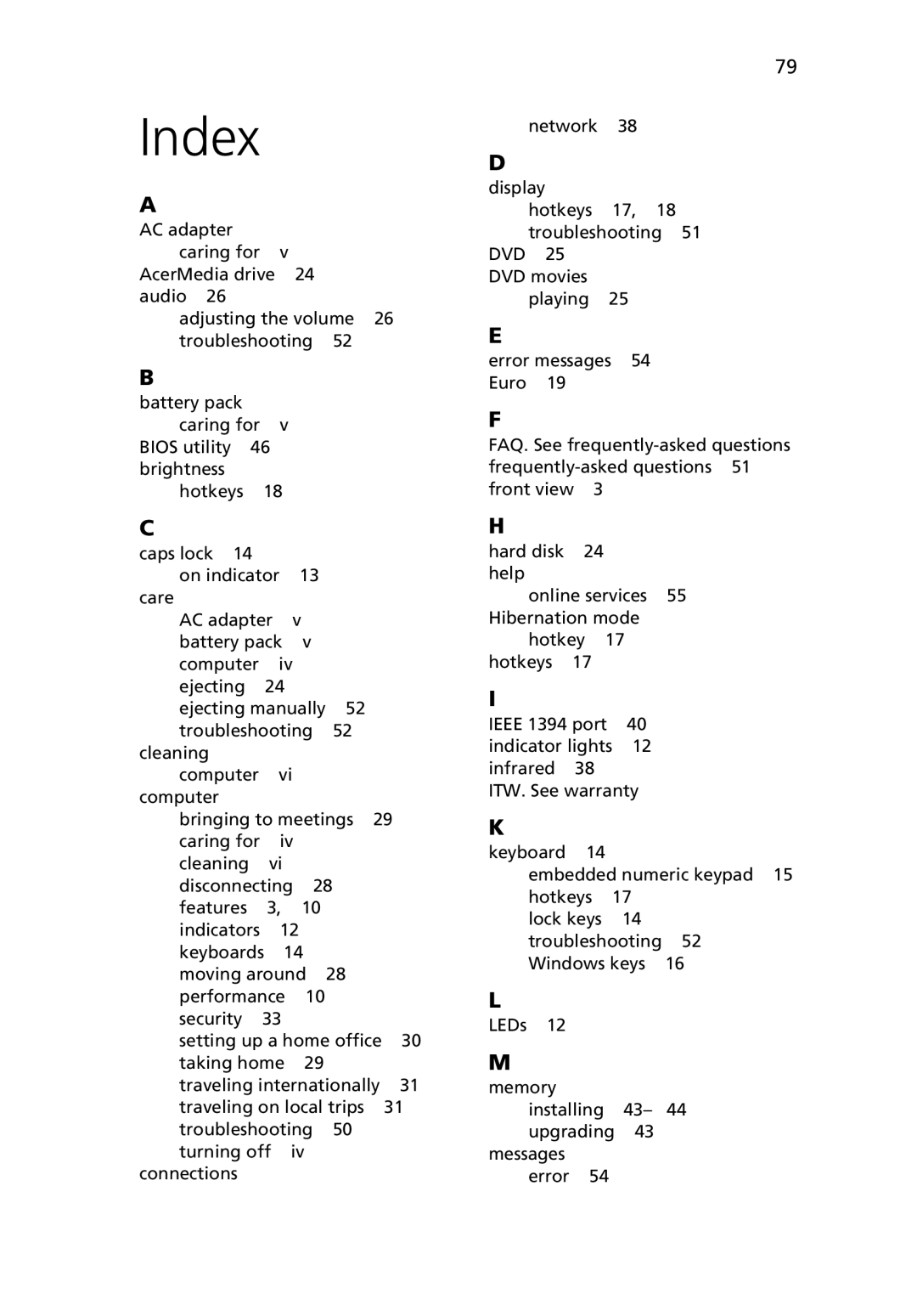 Acer 380 series manual Index 