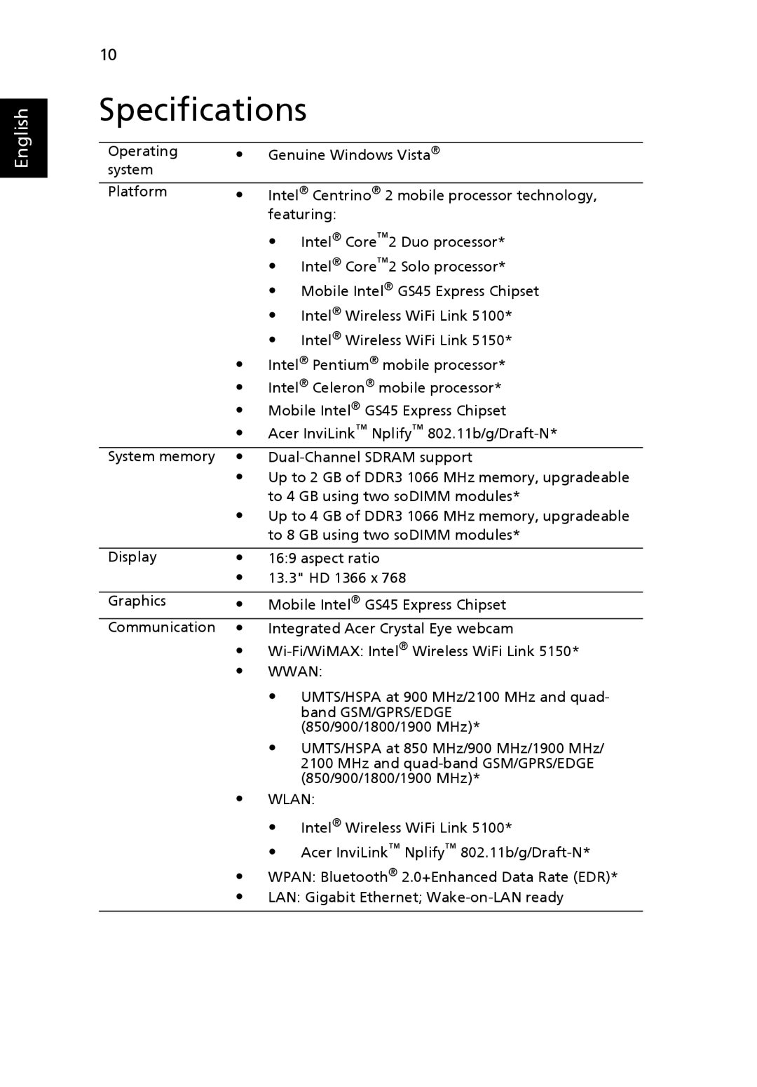 Acer 3810TZ, 3410T manual Specifications, Wwan, Wlan 