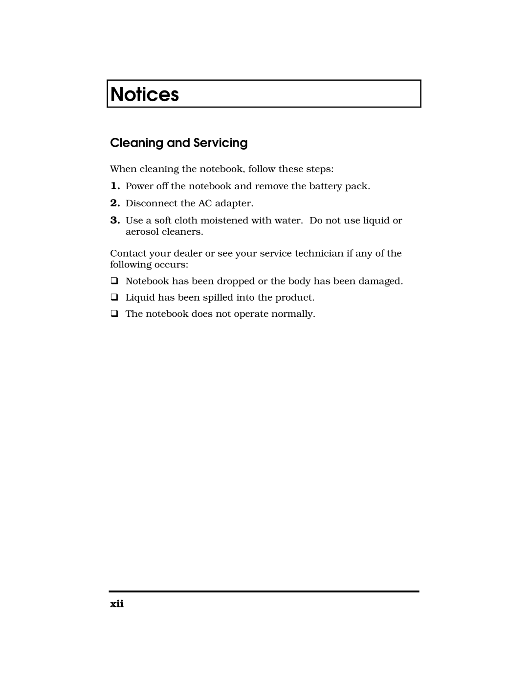 Acer 390 Series manual Cleaning and Servicing, Notices 