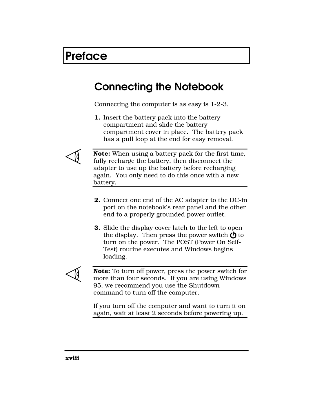 Acer 390 Series manual Connecting the Notebook, xviii, Preface 