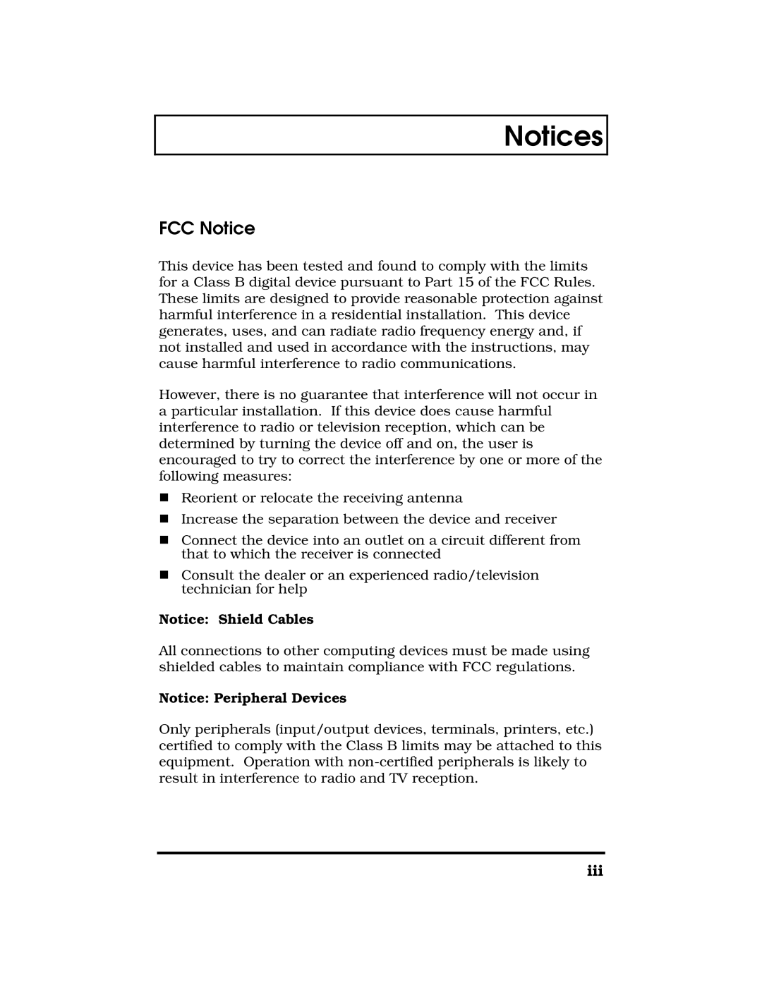 Acer 390 Series manual Notices, FCC Notice, Notice Shield Cables, Notice Peripheral Devices 
