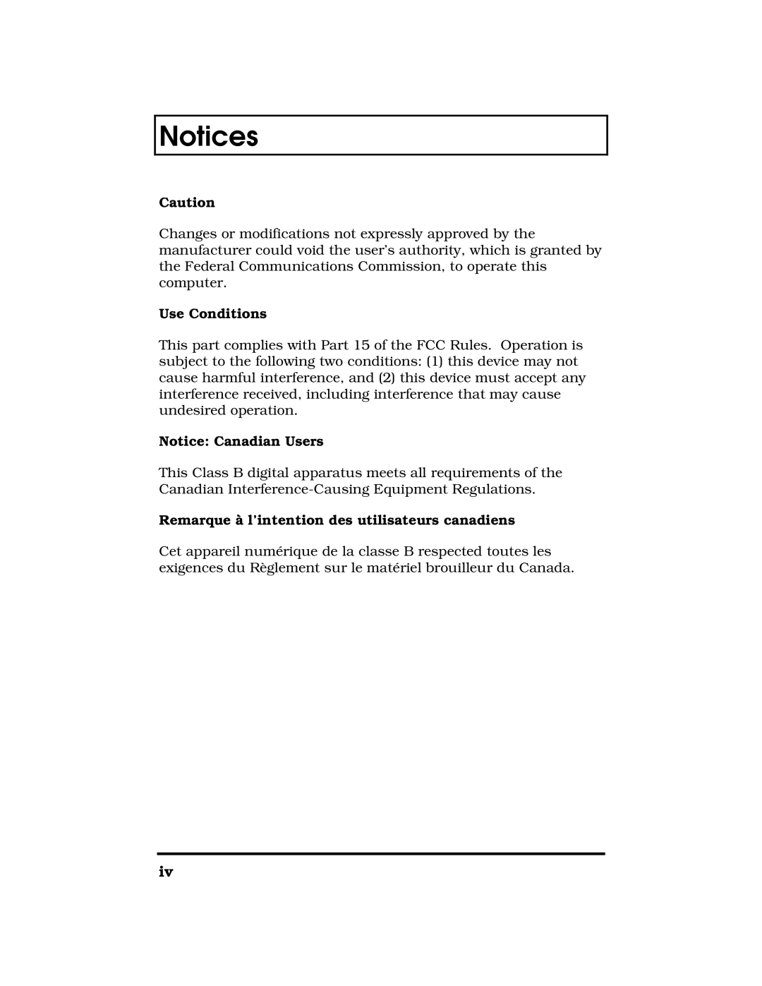 Acer 390 Series manual Notices, Use Conditions, Notice Canadian Users, Remarque à l’intention des utilisateurs canadiens 