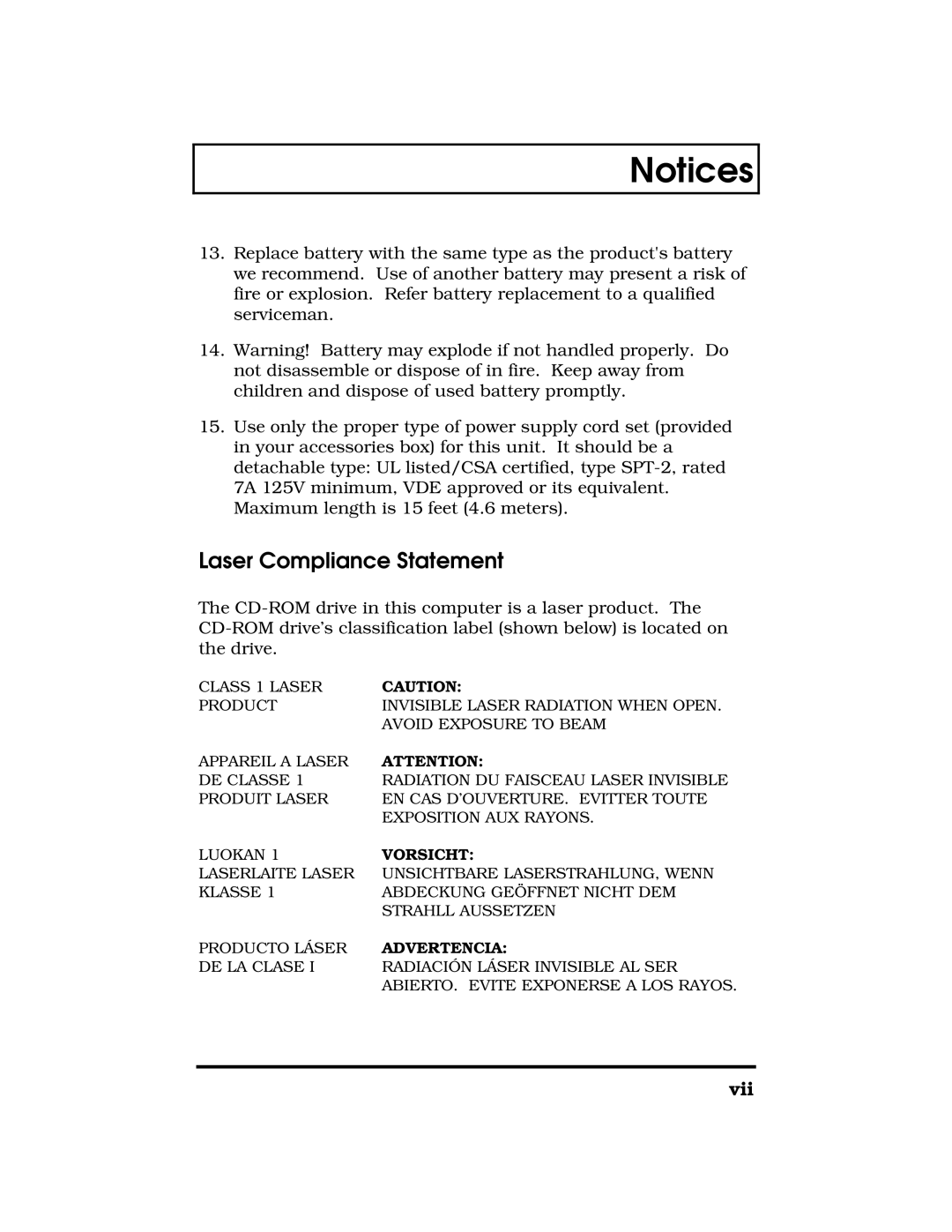 Acer 390 Series manual Laser Compliance Statement, Notices, Vorsicht, Advertencia 