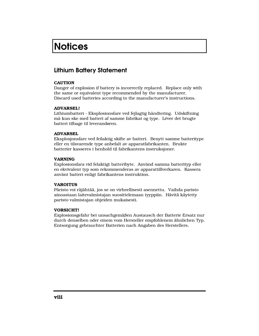 Acer 390 Series manual Lithium Battery Statement, viii, Notices, Advarsel, Varning, Varoitus, Vorsicht 