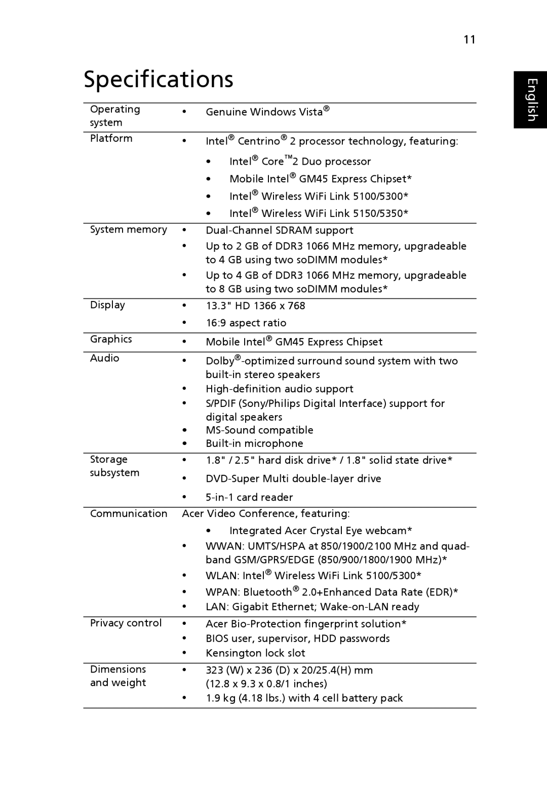 Acer 3935 manual Specifications 