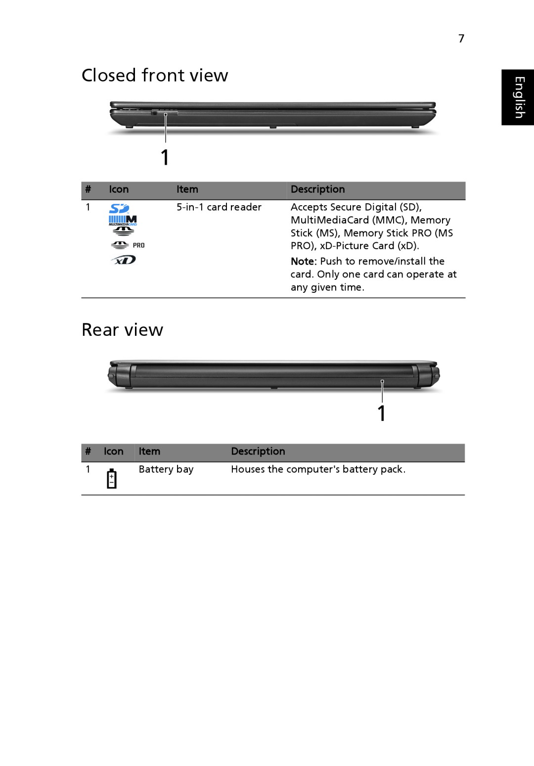Acer 3935 manual Closed front view, Rear view, # Icon Item, English, Description 
