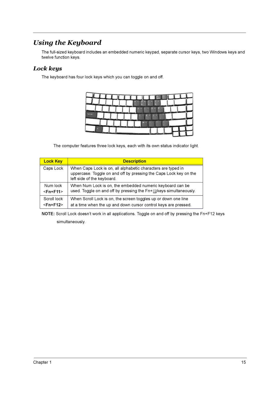 Acer 4000 manual Using the Keyboard, Lock keys, Lock Key Description, Fn+F11, Fn+F12 