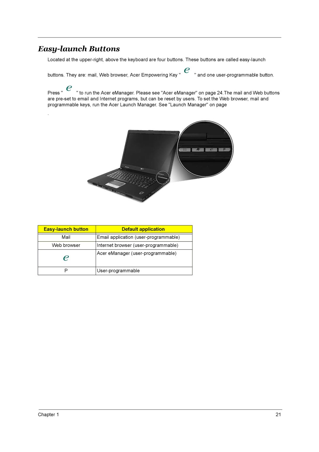 Acer 4000 manual Easy-launch Buttons, Easy-launch button Default application 