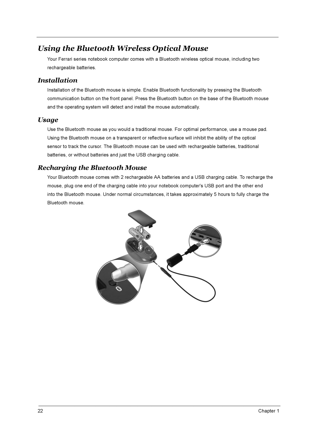 Acer 4000 manual Using the Bluetooth Wireless Optical Mouse, Installation, Usage, Recharging the Bluetooth Mouse 