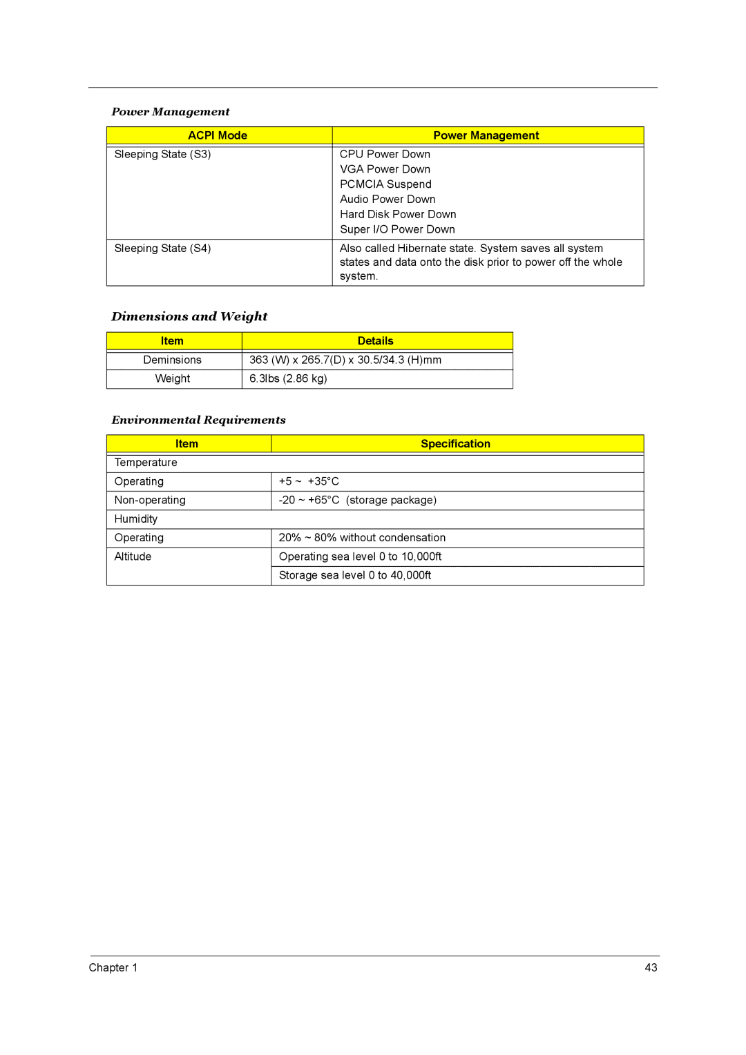 Acer 4000 manual Dimensions and Weight, Details 