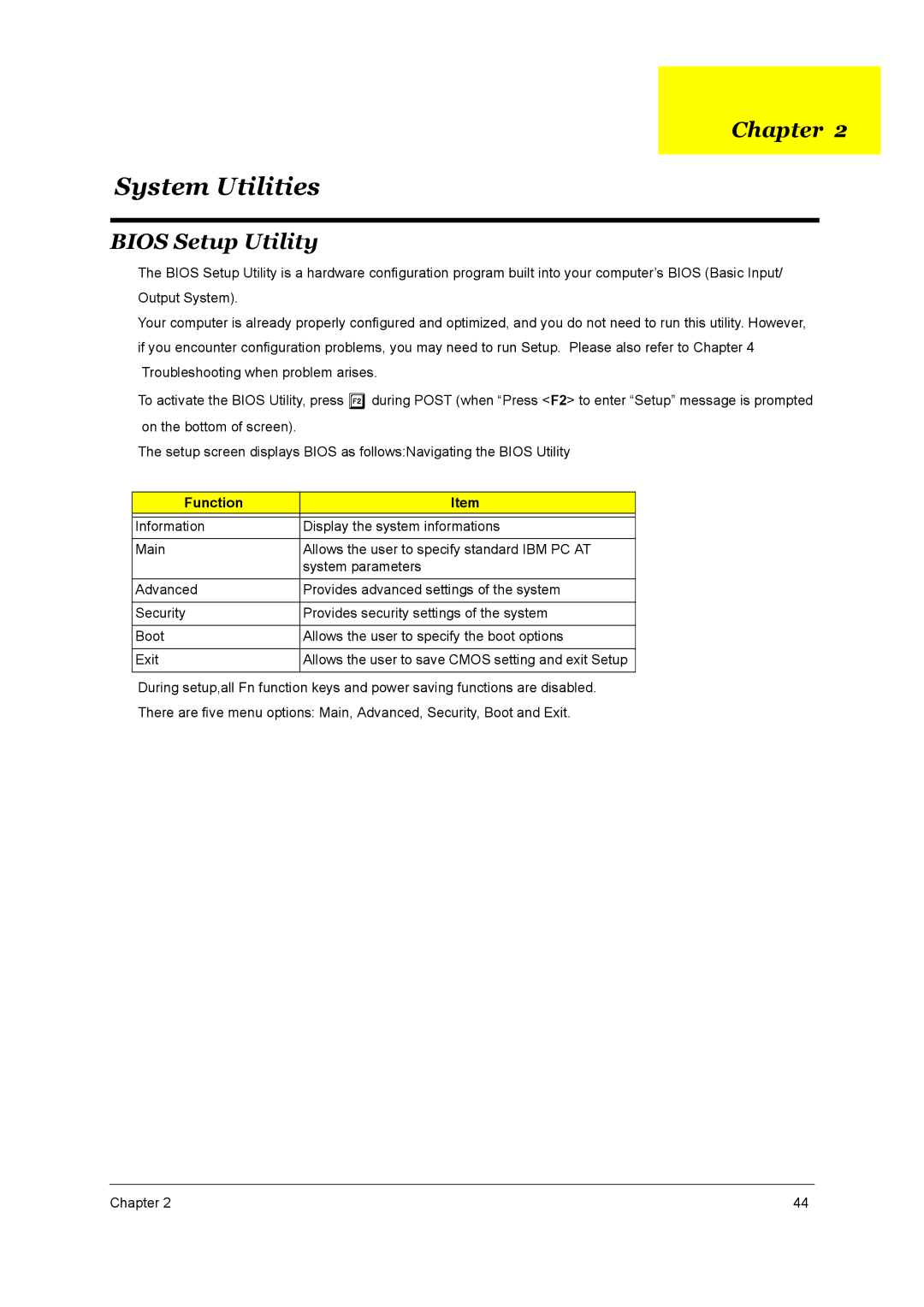 Acer 4000 manual System Utilities, Bios Setup Utility 