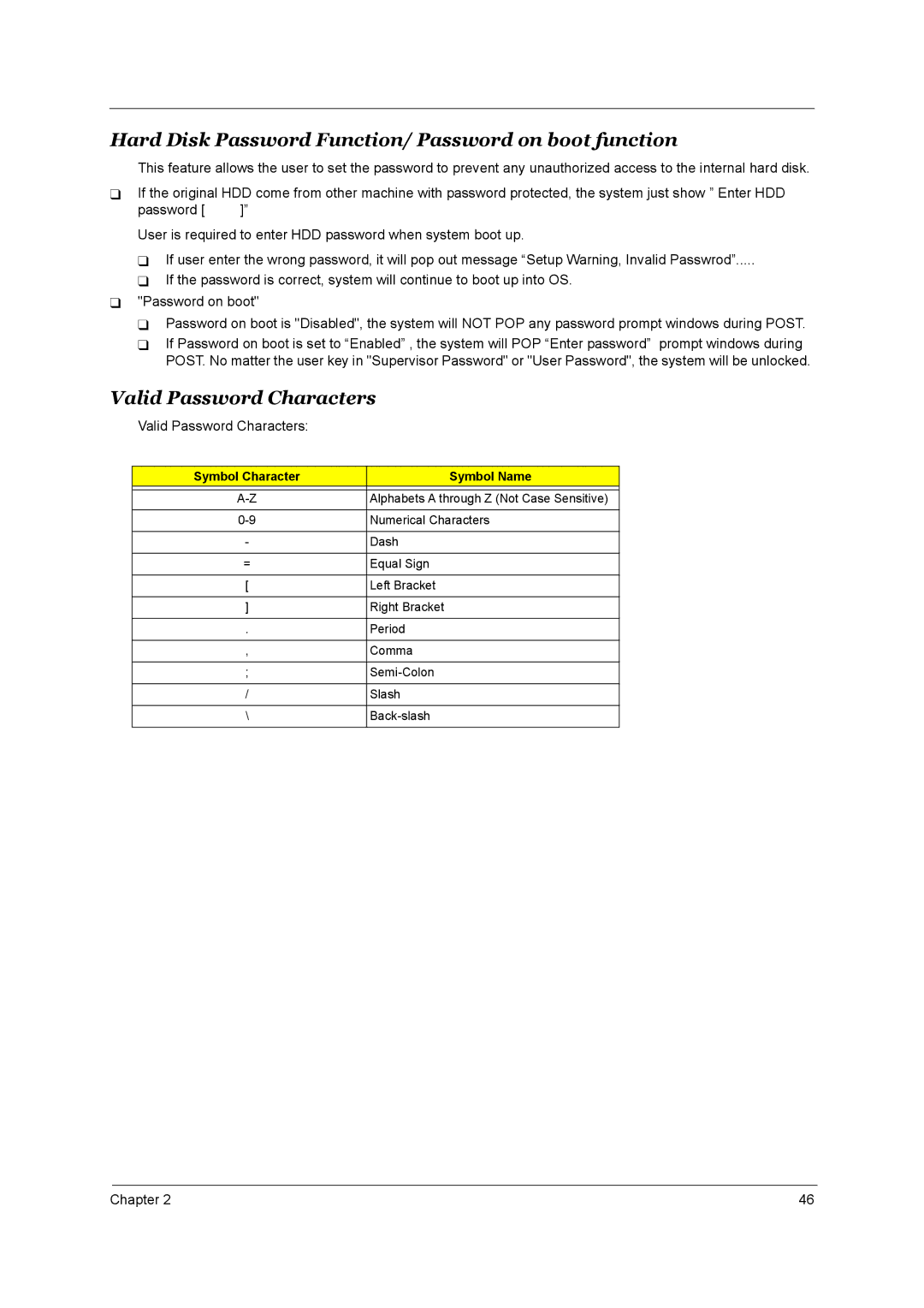 Acer 4000 manual Hard Disk Password Function/ Password on boot function, Valid Password Characters 