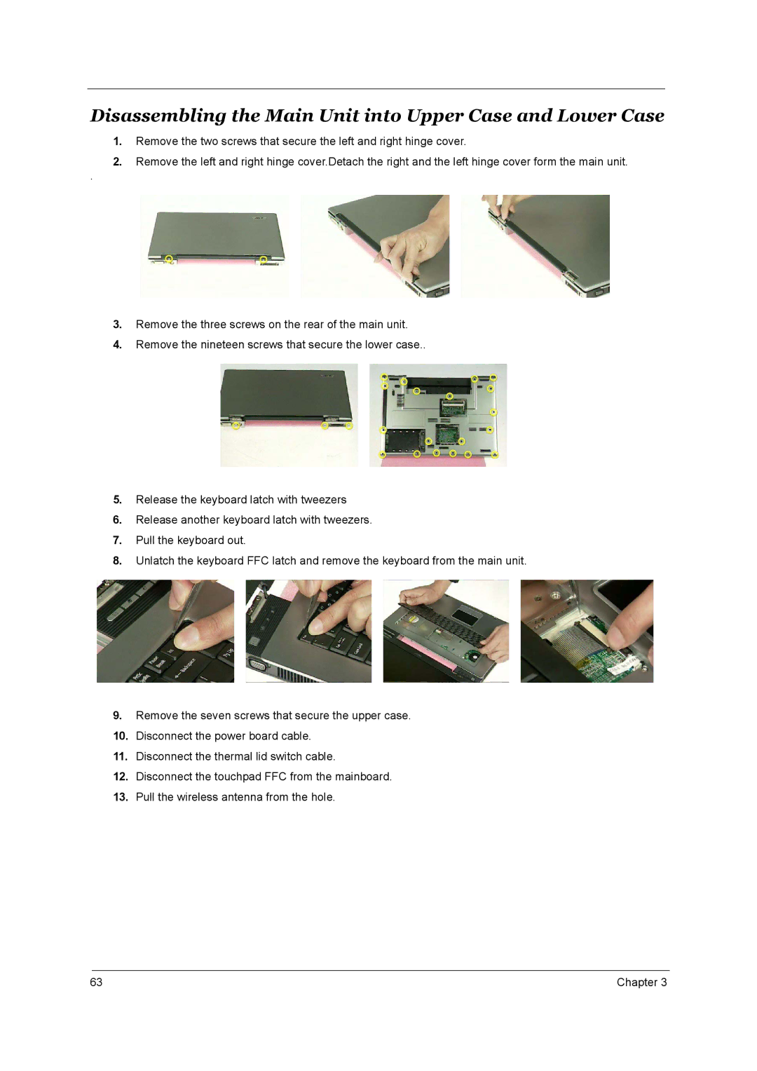 Acer 4000 manual Disassembling the Main Unit into Upper Case and Lower Case 