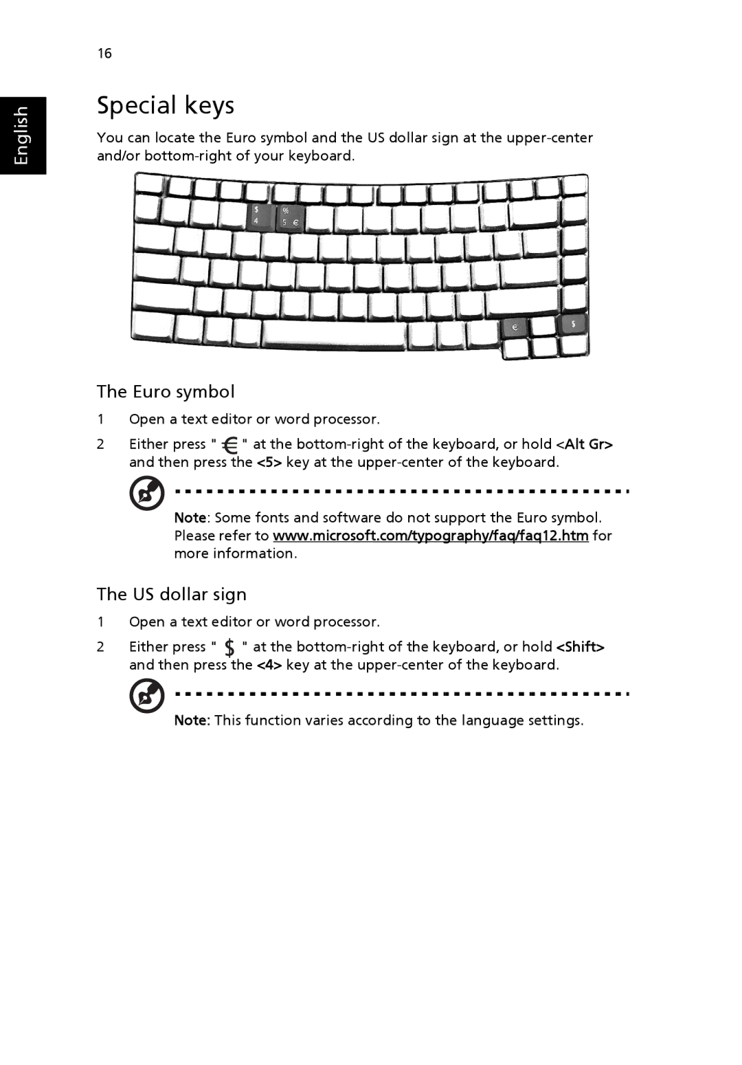 Acer 4010 Series manual Special keys, Euro symbol, US dollar sign 