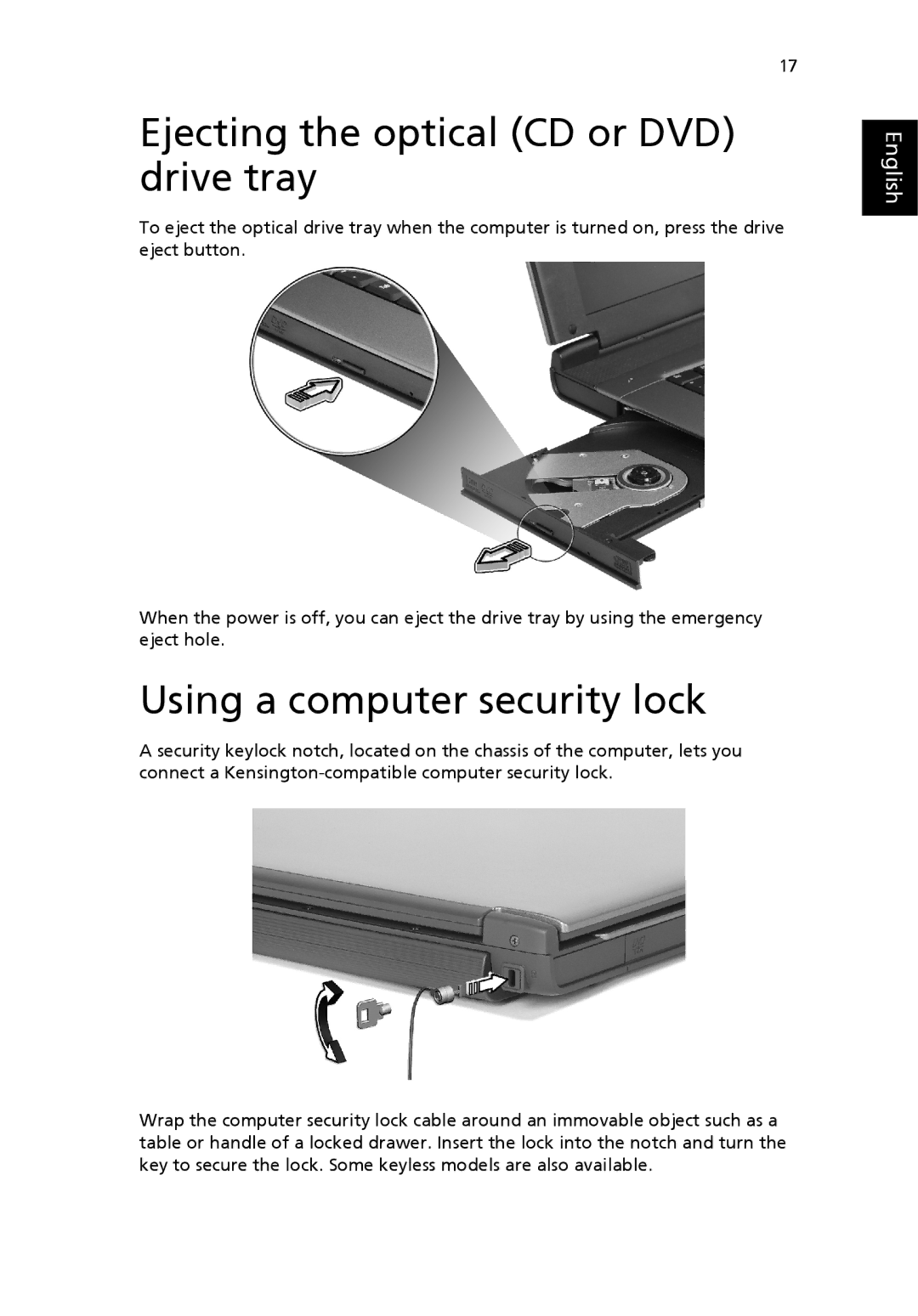 Acer 4010 Series manual Ejecting the optical CD or DVD drive tray, Using a computer security lock 