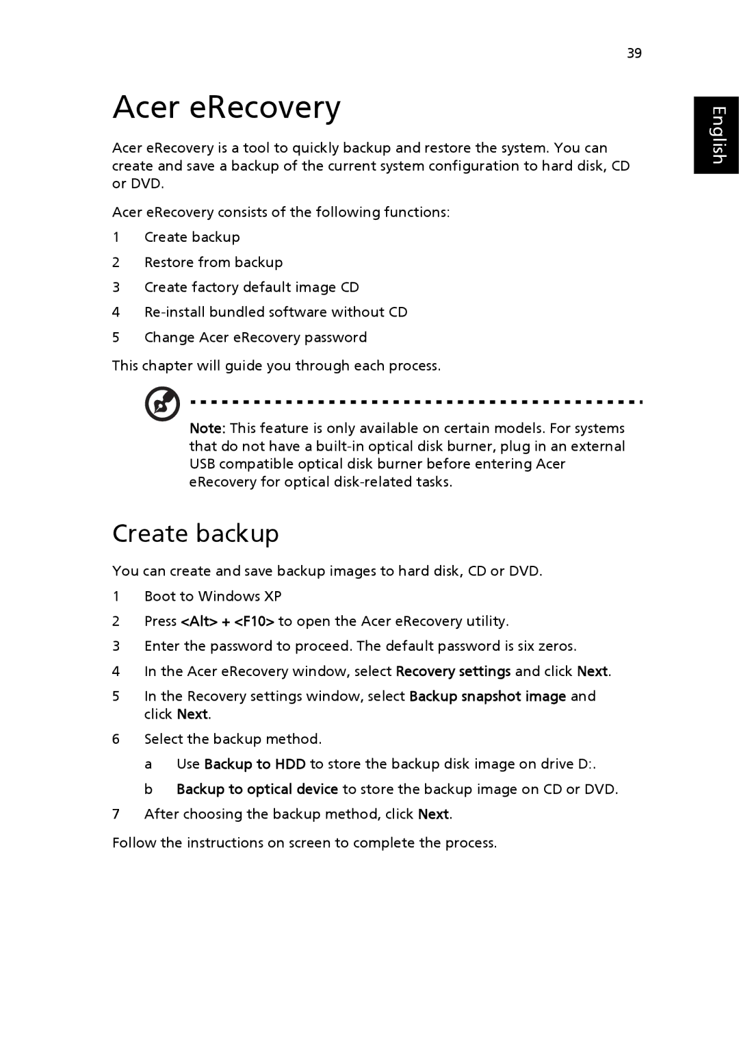 Acer 4010 Series manual Acer eRecovery, Create backup 