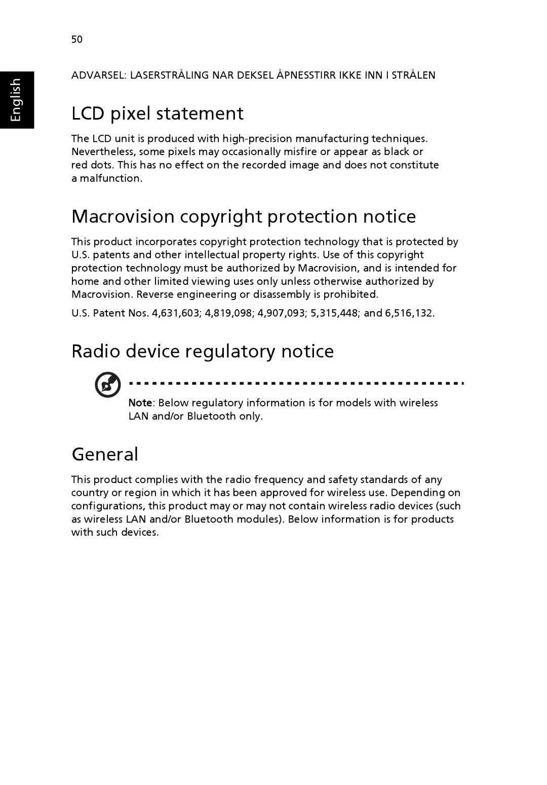 Acer 4010 Series LCD pixel statement, Macrovision copyright protection notice, Radio device regulatory notice General 