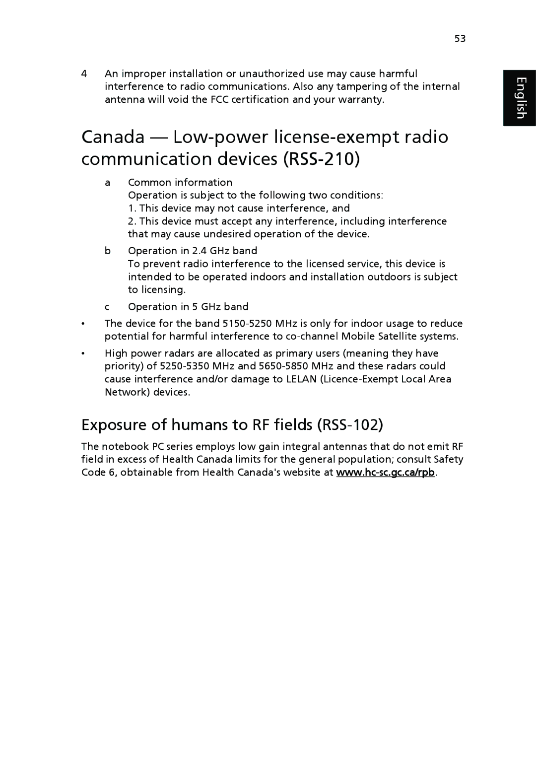 Acer 4010 Series manual Exposure of humans to RF fields RSS-102 