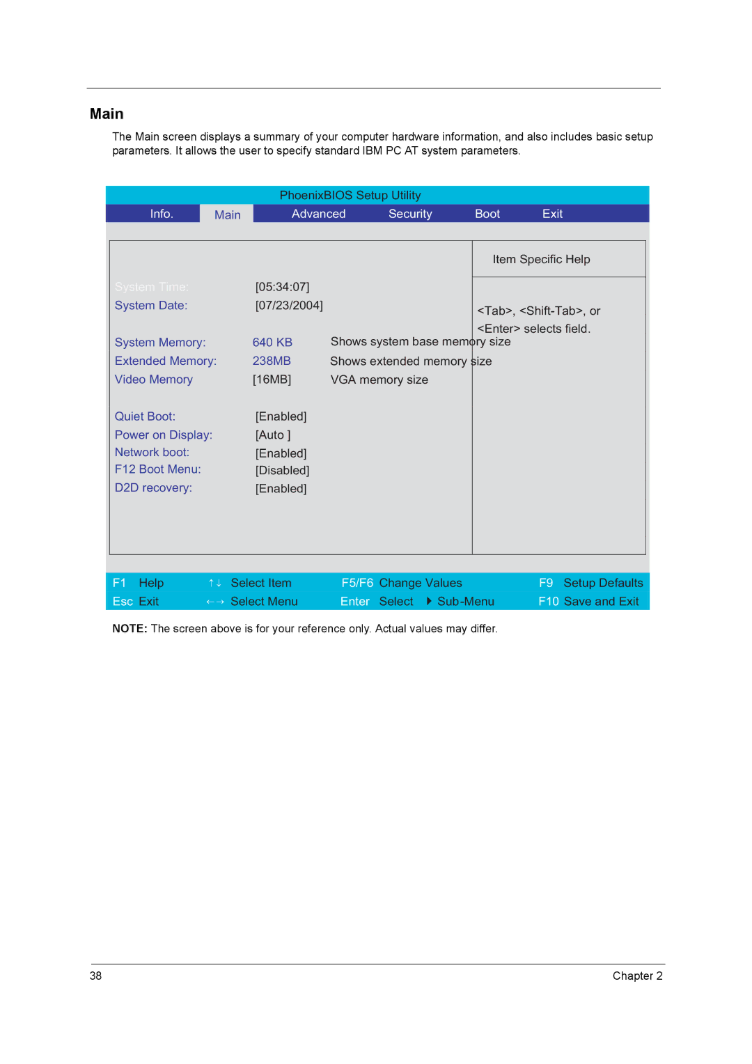 Acer 4010 manual Main, Advanced Security Boot Exit 